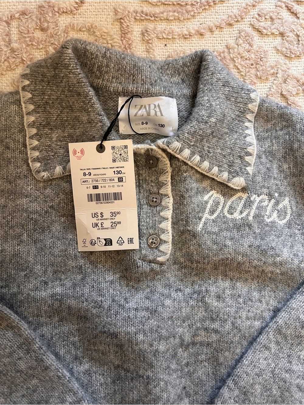 ZARA Gray Knit Polo Sweater with White 'Paris' Embroidery